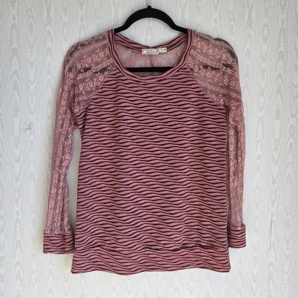 Chloe K Medium Lace Long Sleeve Wavy Stripe Fairy Grunge Pink Whimsigoth Top